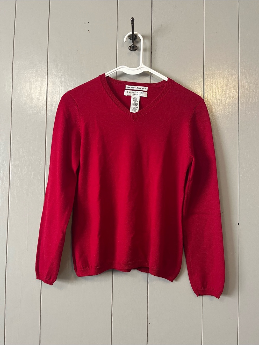 Vtg Pursuits Ltd Petite Small 100% Merino Wool Sweater Red V Neck Long Sleeve